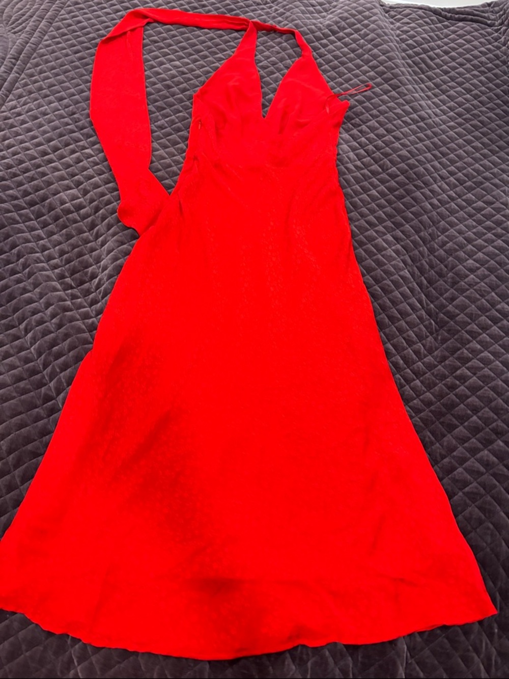 Zara floral jacquard v-neck halter red long dress with tie sz.S - Picture 14 of 16